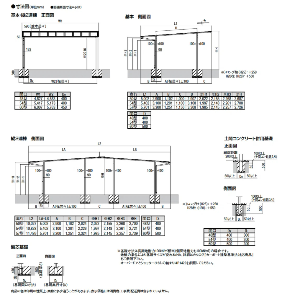 【商品のみ】 LIXIL リクシル ネスカF 2台用 縦2連棟 48-57型 H28柱 ポリカーボネート屋根材使用 