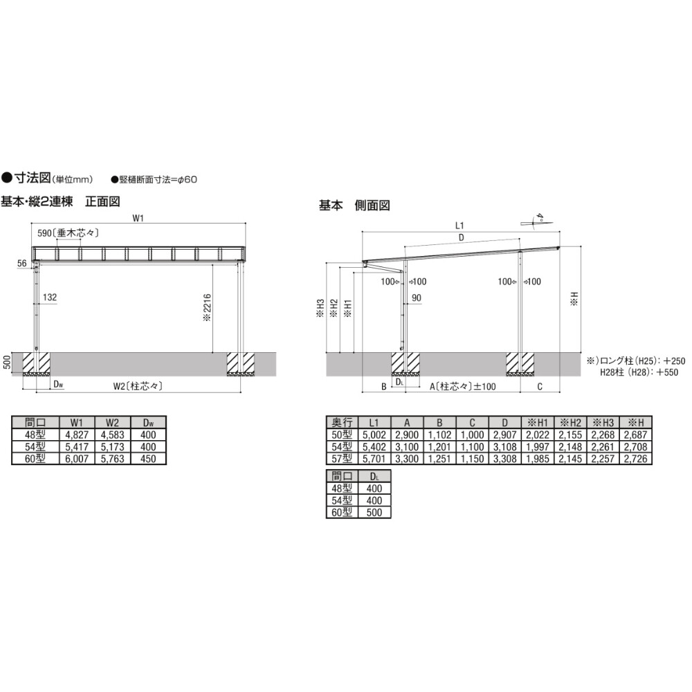 【商品のみ】 LIXIL リクシル ネスカF 2台用 基本 48-54型 H28柱 ポリカーボネート屋根使用 ブラックマット アルミ色