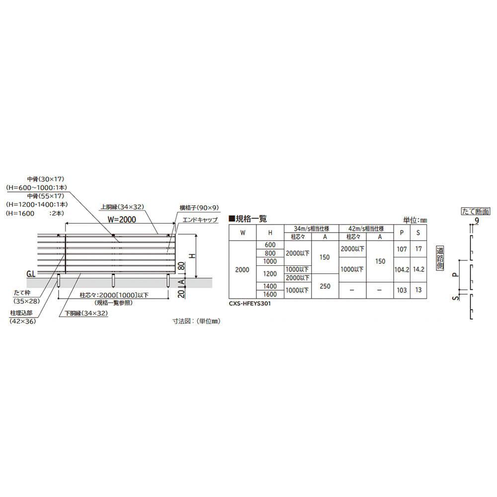 YKKAP YKK シンプレオフェンス YS3型 横スリット 本体 T140 (H1400 高さ140cm) フェンス本体のみ 