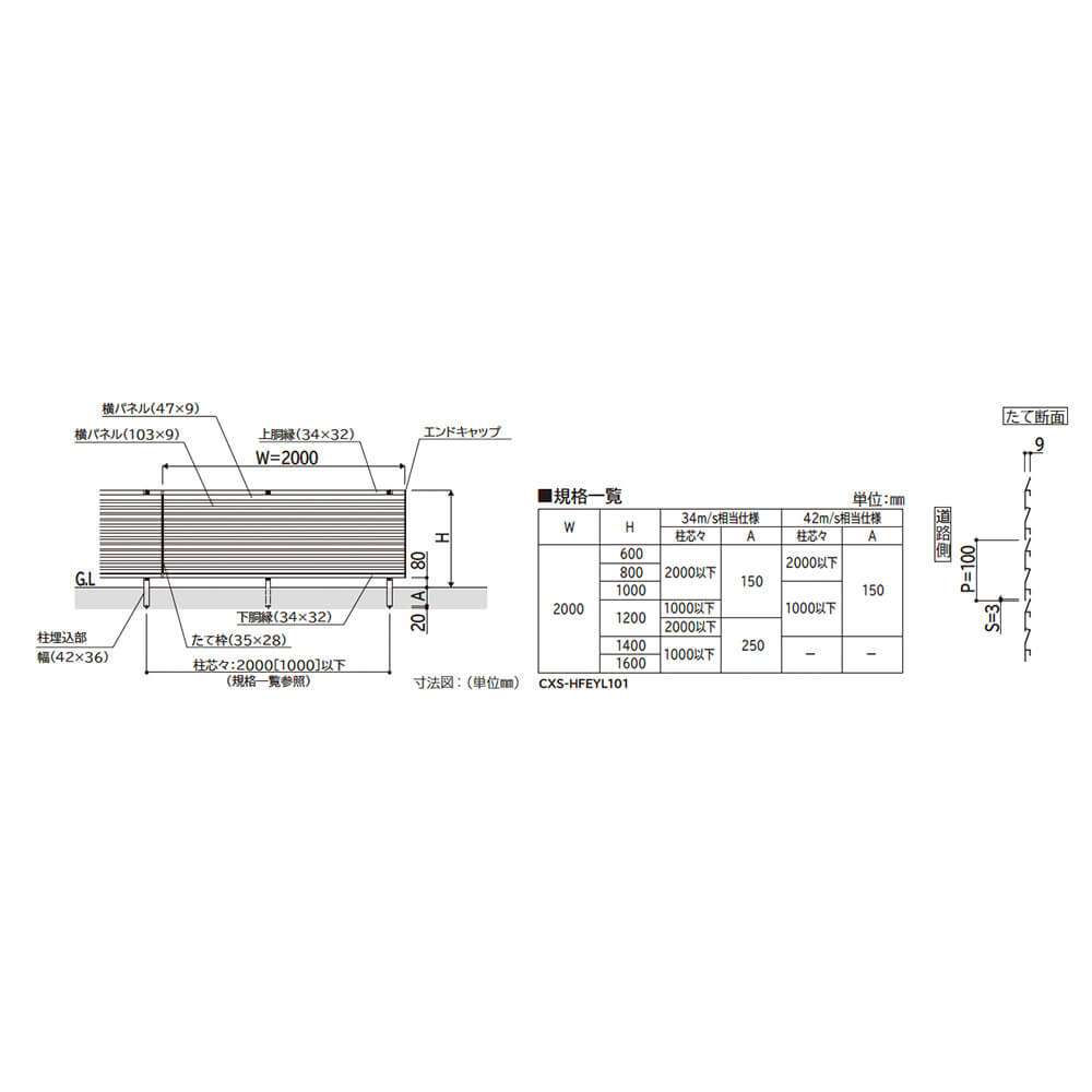 YKKAP YKK シンプレオフェンス YL1型 横ルーバー 本体 T160 (H1600 高さ160cm) フェンス本体のみ 