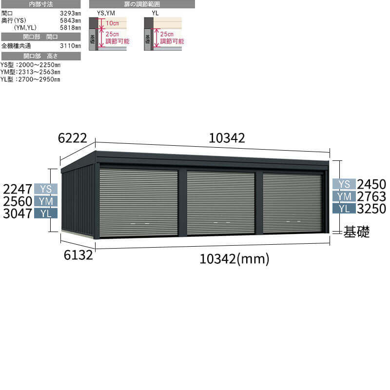 タクボ物置 ガレージ カールフォーマ スクード YM-S3460-3 多雪型 標準屋根 巻上げシャッター扉 3台用 