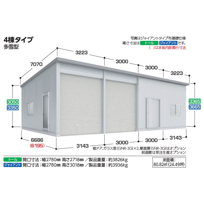 稲葉製作所 イナバ倉庫 SGN-366GUB-4 多雪型 ジャイアントタイプ ベタ基礎仕様 幅12.2m 奥行6.6m 高さ3.6m 