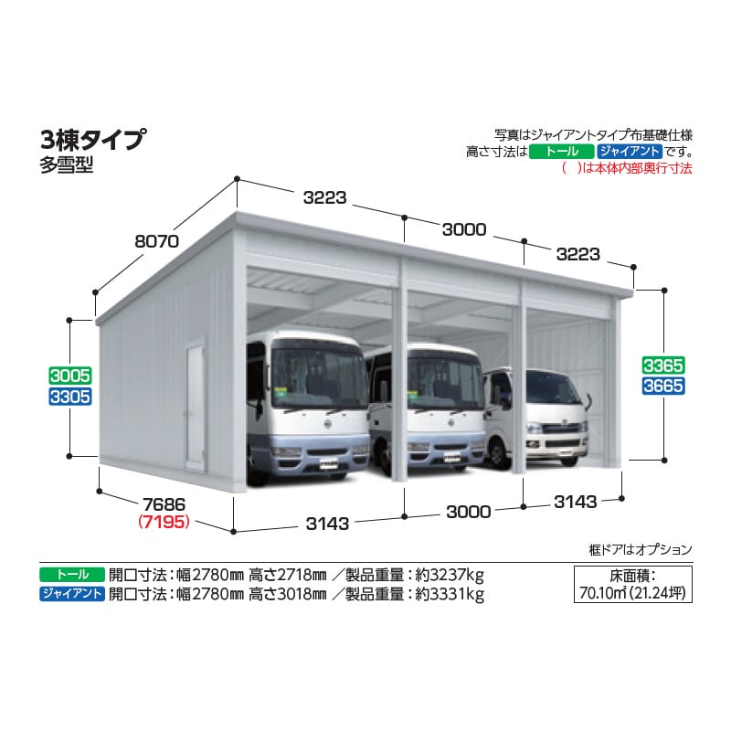 稲葉製作所 イナバ倉庫 SGN-376GUB-3 多雪型 ジャイアントタイプ ベタ基礎仕様 幅9.2m 奥行7.6m 高さ3.6m 