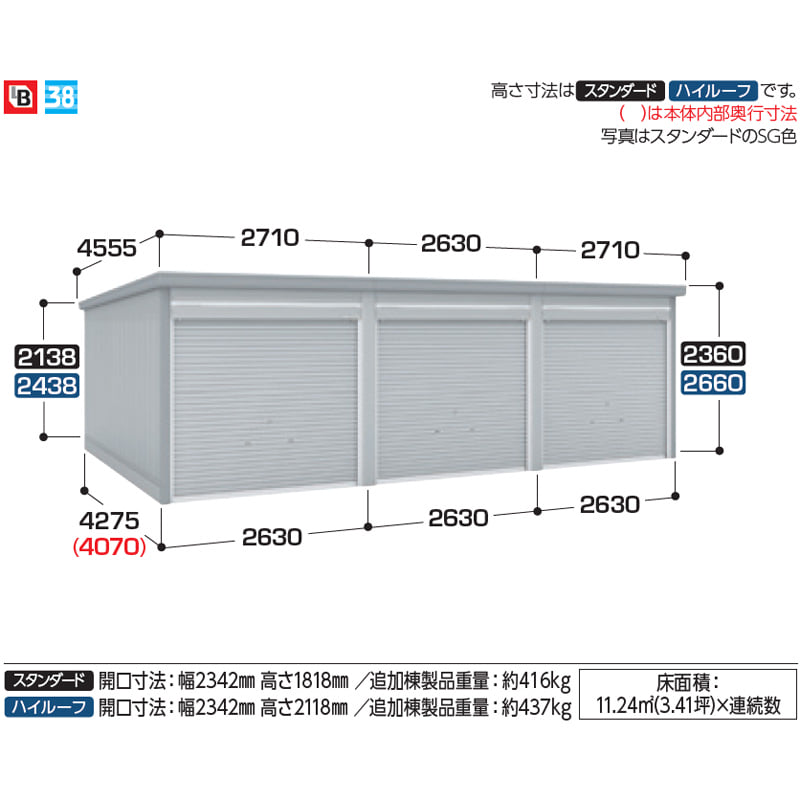 イナバ物置 GARADIA ガレーディア GRN-2642HL 追加棟(2棟目以降) 一般型 ハイルーフ ※追加棟のみの購入は不可※ 