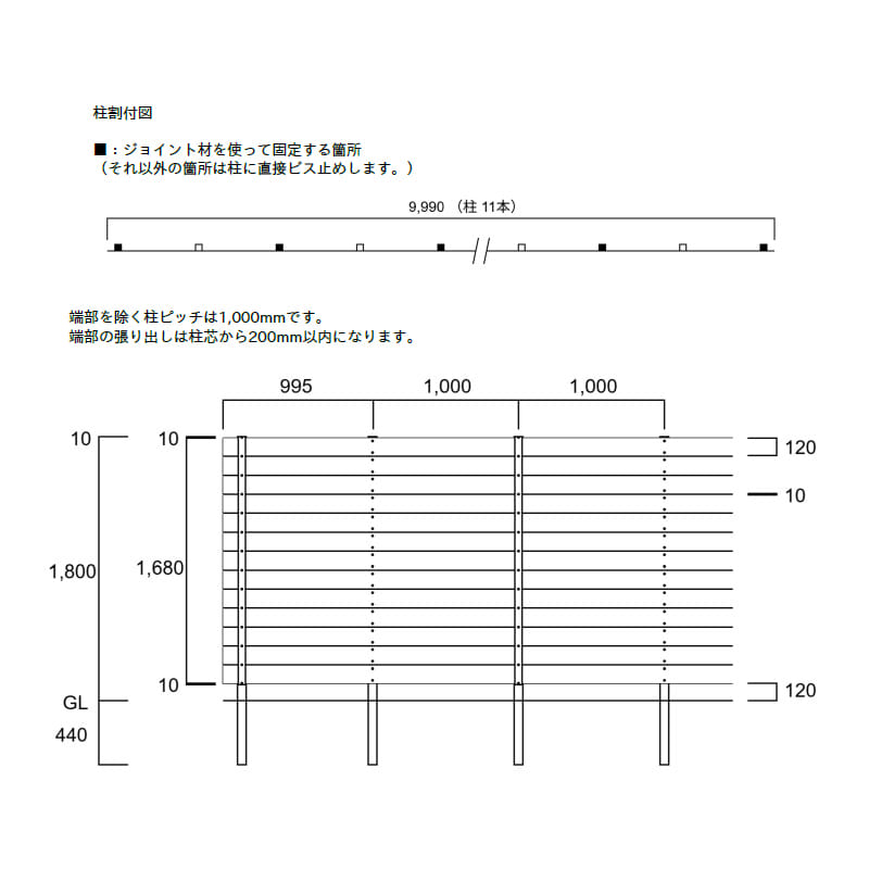 エクスタイル アーバンフェンス SANDINGタイプ 5スパンセット 長さ10m×高さ180cm 板材13段 隙間10mm 
