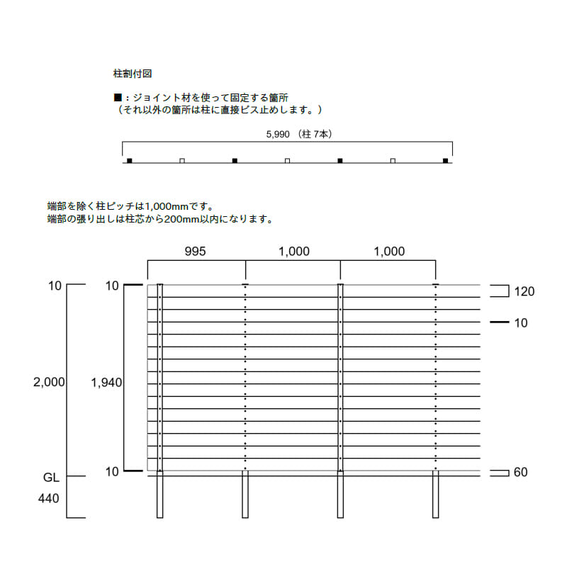 エクスタイル アーバンフェンス SANDINGタイプ 3スパンセット 長さ6m×高さ200cm 板材15段 隙間10mm 