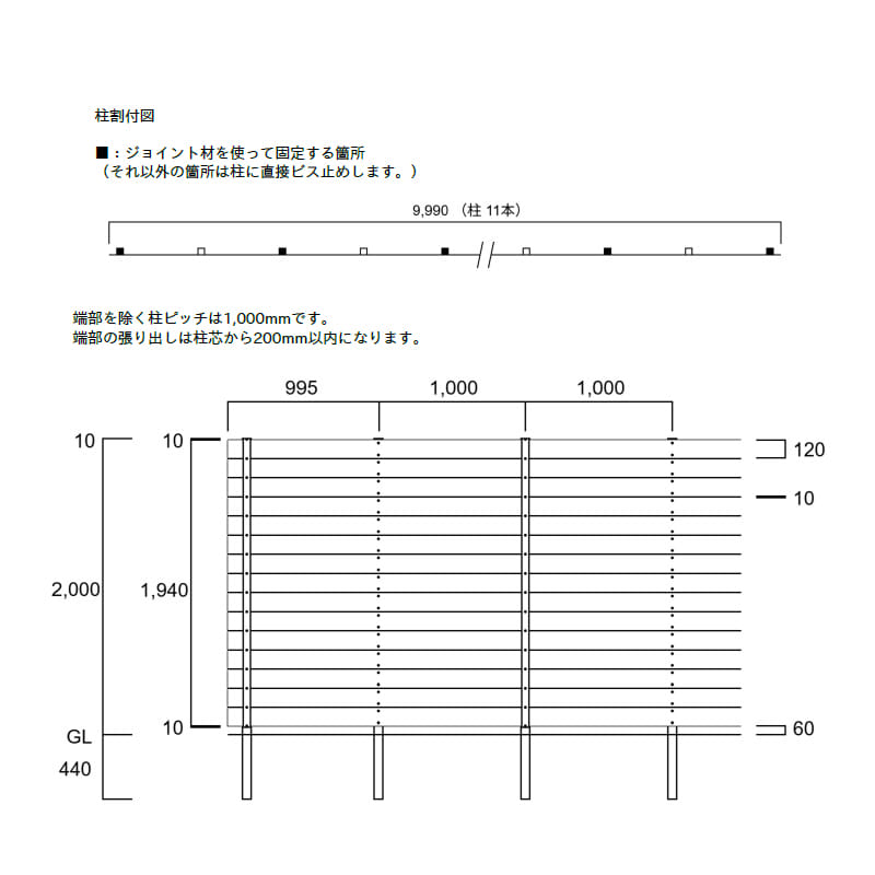 エクスタイル アーバンフェンス SANDINGタイプ 5スパンセット 長さ10m×高さ200cm 板材15段 隙間10mm 