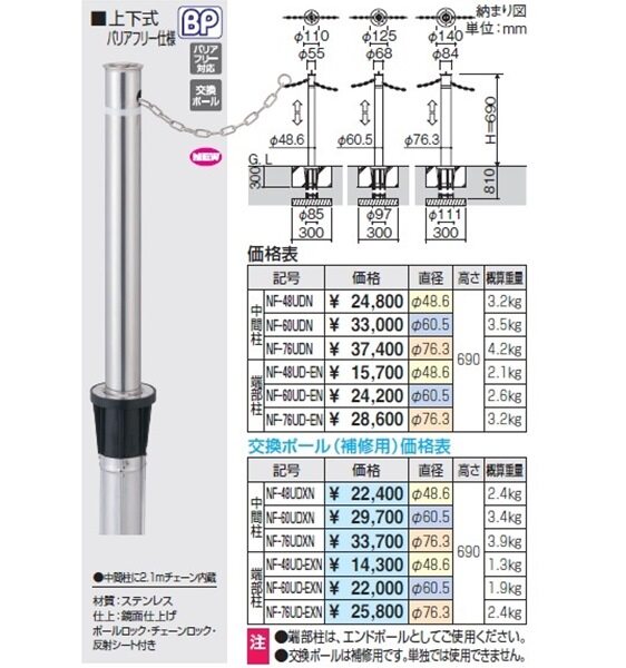 三協アルミ ビポールBP NF-48UDN φ48mm 中間柱用 上下式 チェーン内蔵型 