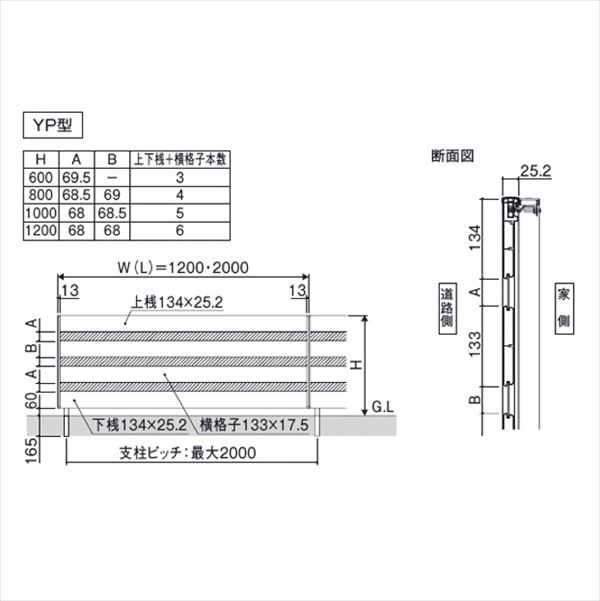 三協アルミ フレイナ YP型 本体 フリー支柱タイプ 1206 『柵 高さ H600ｍｍ用 腐らない木調アルミフェンス』 木調色