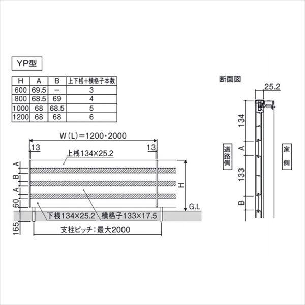 三協アルミ フレイナ YP型 本体 フリー支柱タイプ 1206 『柵 高さ H600ｍｍ用 アルミフェンス』 形材色