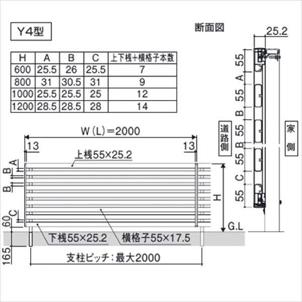 三協アルミ フレイナ Y4型 本体 フリー支柱タイプ 2006 『柵 高さ H600ｍｍ用 腐らない木調アルミフェンス』 木調色