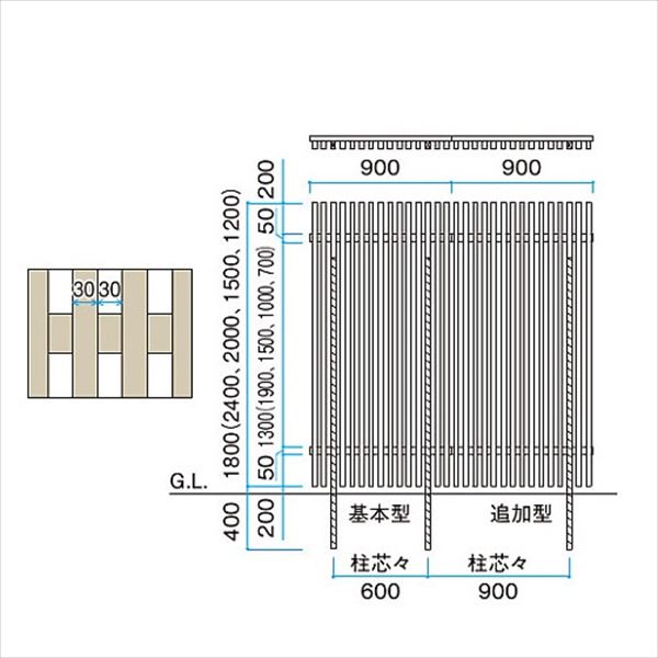 タカショー エバーアートフェンス 千本格子足付ユニット30×50(格子すき間30mm) W900×H1500　追加型 ラッピングカラー
