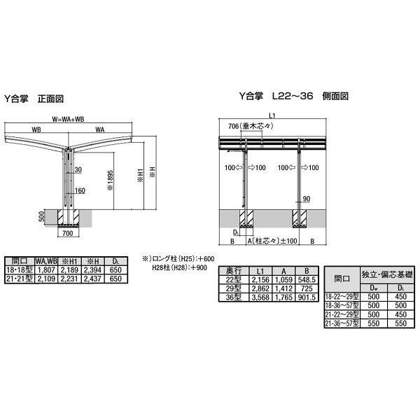 リクシル フーゴR 1500 ミニ Y合掌 18・18-36 ロング柱(H25) 熱線吸収ポリカーボネート屋根材使用 耐風圧強度風速42m/秒相当 耐積雪50cm相当 