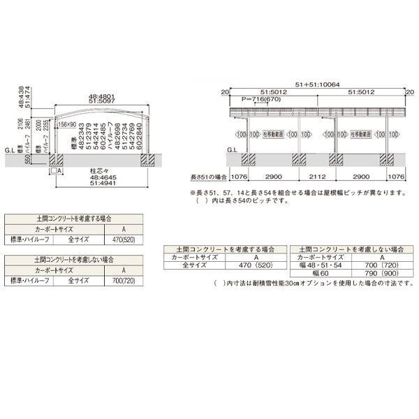 【商品のみ】カーポート 4台用 YKKAP YKK アリュースZ 750タイプ  奥行(2)連結セット J51・51-51 ハイルーフ柱(H25) 一般ポリカーボネート板 