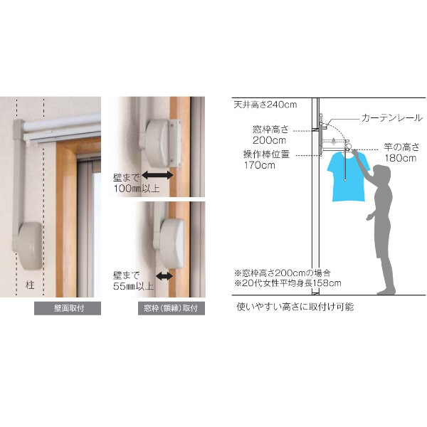 オークス AUX 室内物干し フレクリーン プロアウトセットタイプ 壁面取付時ベースピッチ1030～1450mm 窓枠取付時窓枠内寸法幅943～1363mm FPS1350 