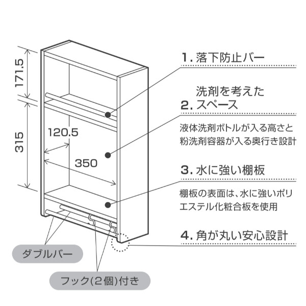 【完成品】オークス AUX スリムラック (面付薄型収納棚) サニタリースペース追加収納棚 石膏ボード対応 JR51412 ホワイト