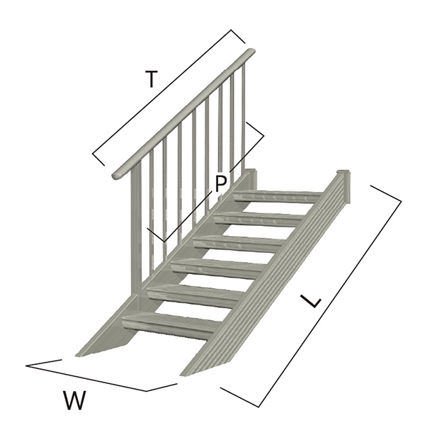森田アルミ工業 STAIRS ステアーズ 片手摺付（立格子）階段長さ L4500mm 階段幅 W800mm 手摺笠木長さT 4300mm パネル長さP 上1380mm、下1950mm ステップ枚数 14枚 角度調節範囲 43.5°～64.5° 踏板の耐荷重 150kg S□4508T1 
