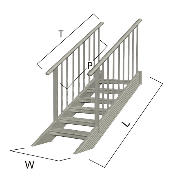森田アルミ工業 STAIRS ステアーズ 両手摺付（立格子）階段長さ L1800mm 階段幅 W1000mm 手摺笠木長さT 1600mm パネル長さP 1190mm ステップ枚数 5枚 角度調節範囲 43.5°～64.5° 踏板の耐荷重 150kg S□1810T2 