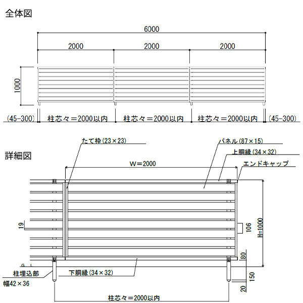 YKK YKKAP 目隠しフェンス シンプレオフェンス SY1F型 3スパンセット 距離 6m × 高さ 100cm 