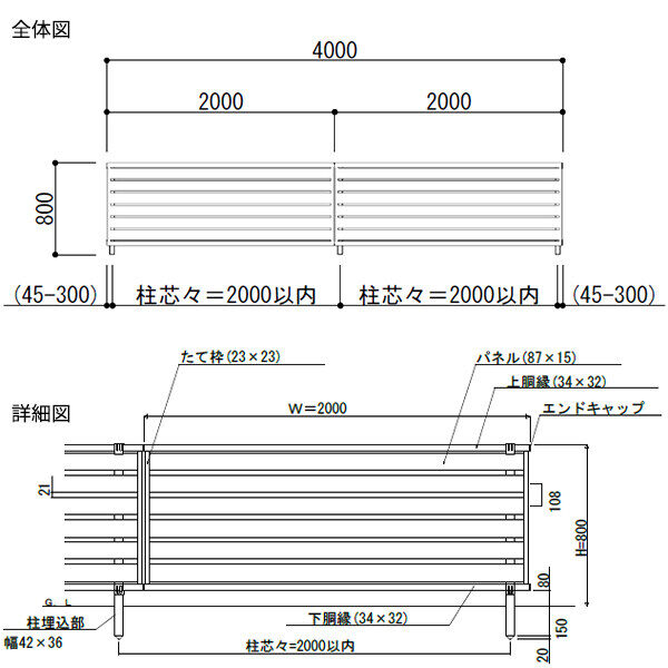 【SY1F型の後継品】 YKK YKKAP 目隠しフェンス シンプレオフェンス YS2型 2スパンセット 距離 4m × 高さ 80cm 