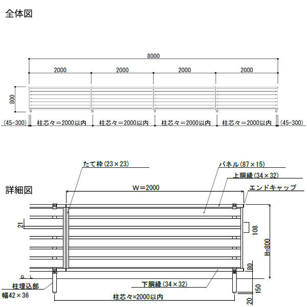 【SY1F型の後継品】 YKK YKKAP 目隠しフェンス シンプレオフェンス YS2型 4スパンセット 距離 8m × 高さ 80cm 