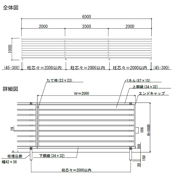 【SY1F型の後継品】 YKK YKKAP 目隠しフェンス シンプレオフェンス YS2型 3スパンセット 距離 6m × 高さ 100cm 