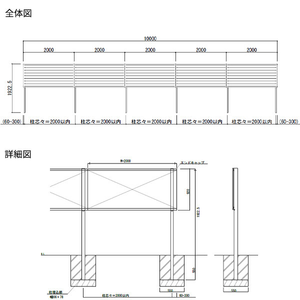 【SY1F型の後継品】 YKK YKKAP 目隠しフェンス シンプレオフェンス YS2型 5スパンセット 距離 10m × 高さ 192cm フェンス上段92cmのみ 