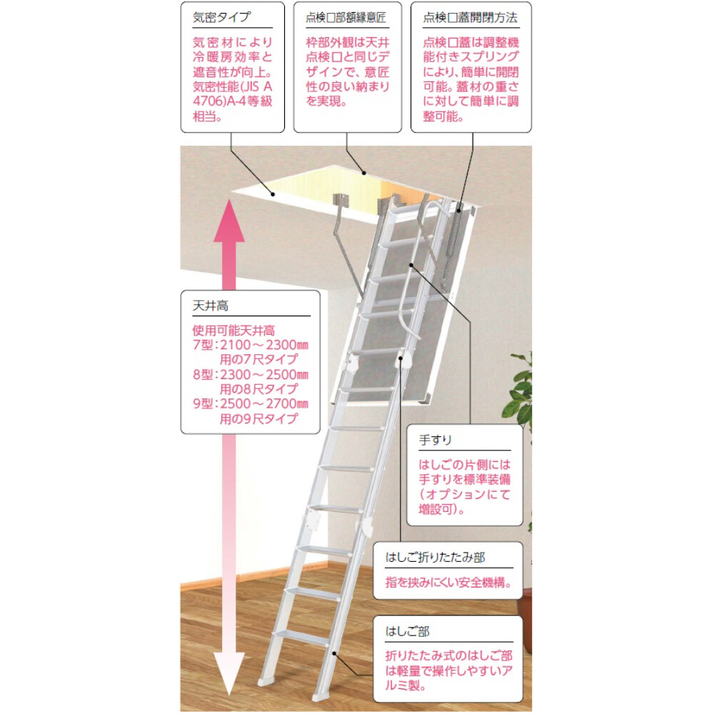 ダイケン 天井収納はしご 気密タイプ天井収納はしご 使用可能天井高 2100～2300mm 開口寸法 700x1200mm CXTW7 【法人様限定（現場配送不可）】 