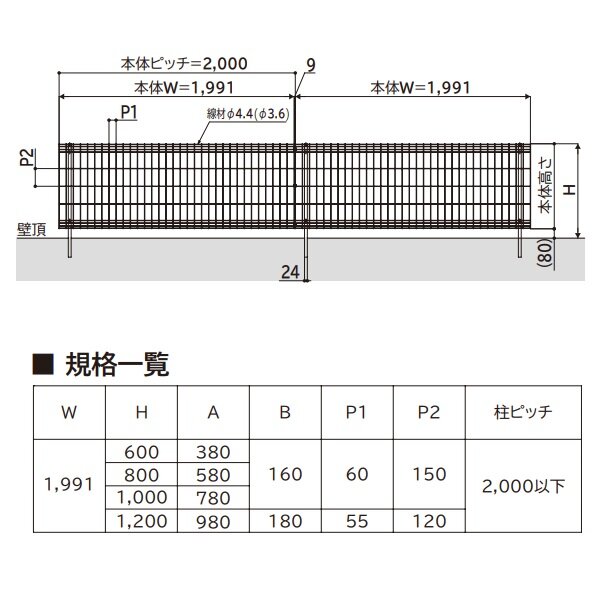 YKK YKKAP メッシュフェンス イーネットフェンス 3F型 3スパンセット 距離約 6m × 高さ 80cm アルミカラー