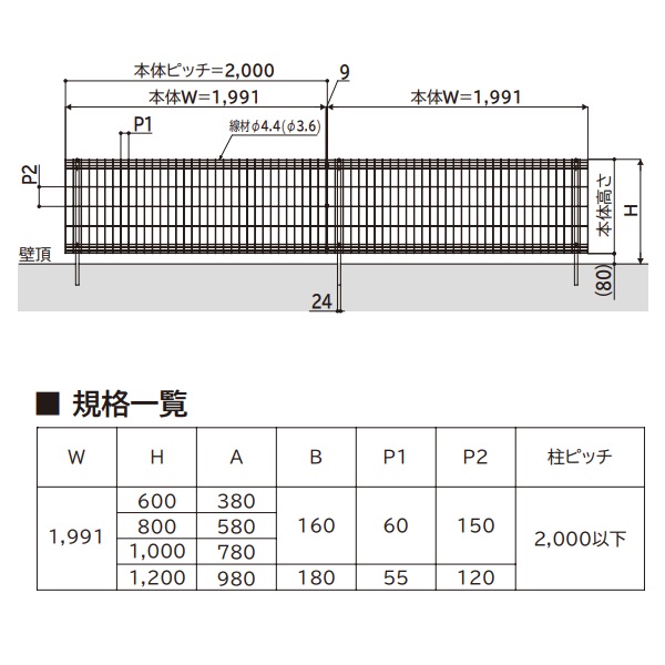 YKK YKKAP メッシュフェンス イーネットフェンス 3F型 1スパンセット 距離約 2m × 高さ 100cm アルミカラー
