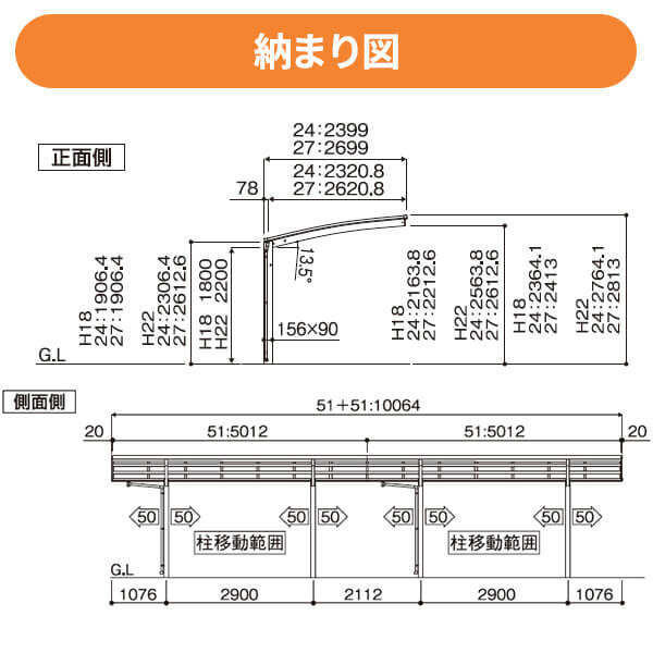 全国配送 当店オリジナルカーポート キロスタイルカーポート2 タイプR 奥行(2)連結セット 1台用 J51・51-24 H18 標準柱 一般ポリカーボネート 