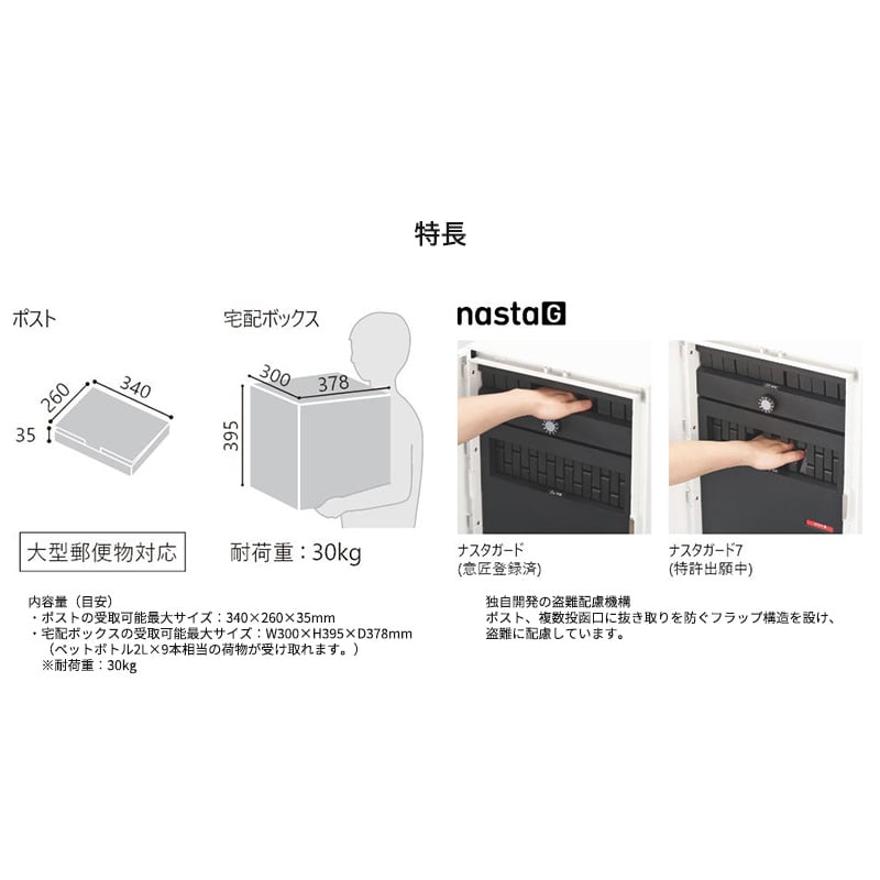 ナスタ 宅配ボックス Nasta Box + POST ポールタイプ 宅配ボックス：Lサイズ 木調色 ポール：マットブラック KS-TL06L(R)-P475 + KS-GP23AP ポスト一体型 前入前出 防水タイプ 