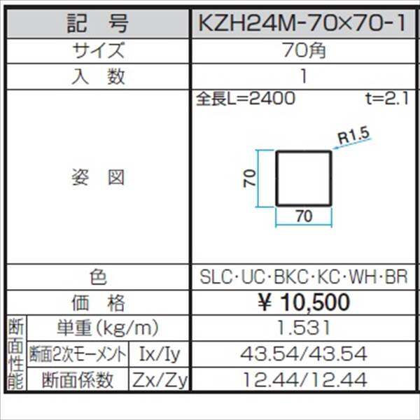 三協アルミ α-Pro アルファプロ ホロー材 （2.4ｍタイプ） 70角 KZH24M-70×70-1 『外構DIY部品』 形材色