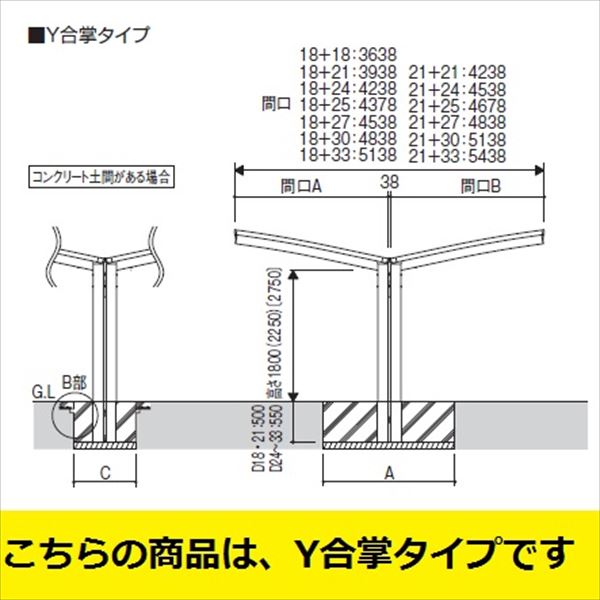 サイクルポート 三協アルミ カムフィエース ミニタイプ Y合掌タイプ 2218+2221 H25 高さ2500 ポリカ屋根 『サビに強いアルミ製 家庭用 自転車置き場 屋根』 