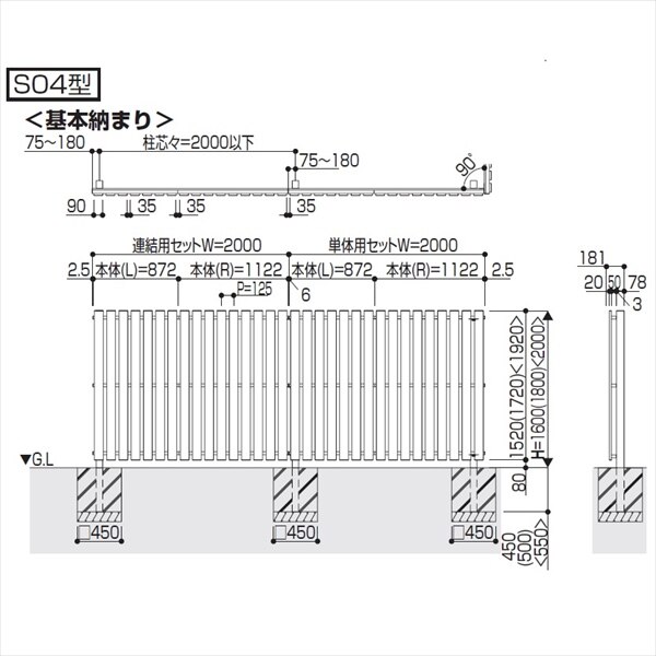 YKK ルシアス スクリーンフェンス S04型 単体セット T160 （たて板格子） 『アルミフェンス 柵』 2017年6月から新仕様 アルミカラー