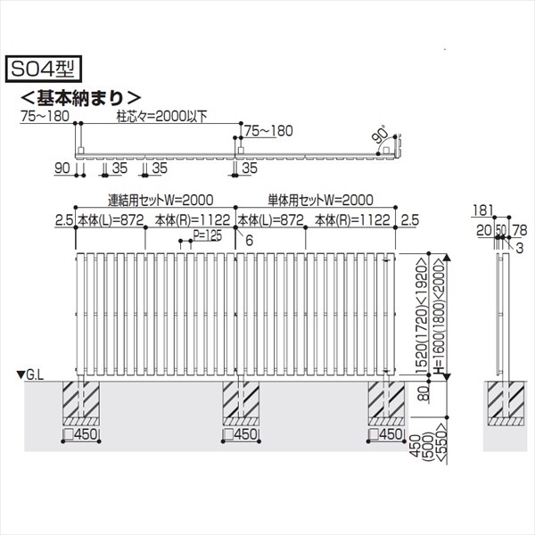 YKK ルシアス スクリーンフェンス S04型 単体セット T160 （たて板格子） 『アルミフェンス 柵』 2017年6月から新仕様 木目カラー
