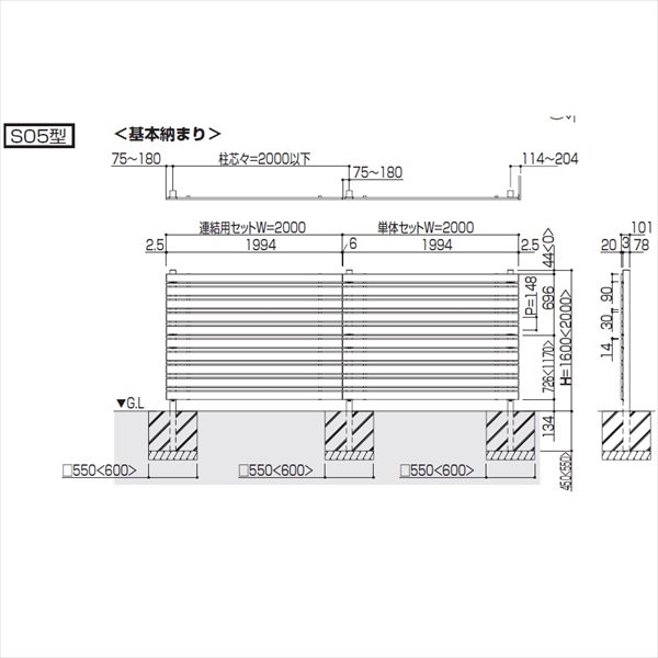 YKK ルシアス スクリーンフェンス S05型 単体セット T200 （横板格子＋細横格子） 『アルミフェンス 柵』 2017年6月から新仕様 アルミカラー