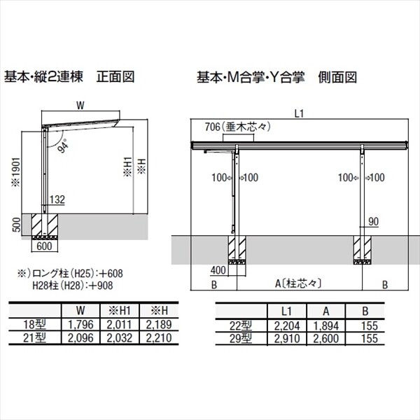 リクシル ネスカF ミニ 基本 21-22型 ロング柱（H25） 熱線吸収ポリカーボネート屋根  『自転車置場 サイクルポート 自転車屋根』 