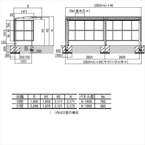 リクシル サイクルポート フーゴA パーク 29・29-18型 パネル高さ H：1800 熱線吸収ポリカ板 2連棟  『サビに強いアルミ製 家庭用 自転車置き場 屋根』 