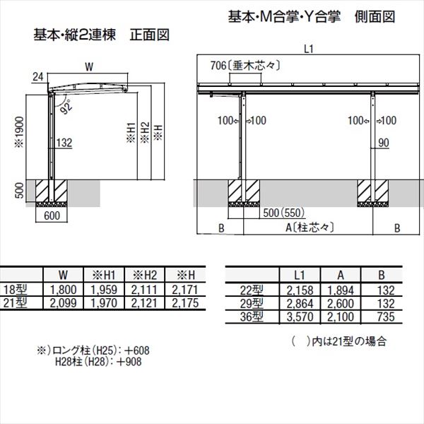 サイクルポート リクシル フーゴA ミニ 基本 18-22型 ロング柱（H25） 熱線吸収ポリカ板  『サビに強いアルミ製 家庭用 自転車置き場 屋根』 