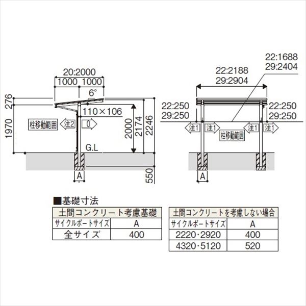 サイクルポート YKKAP エフルージュ ミニ ZERO FIRST 600タイプ 22-20 基本セット 標準高さ ポリカ屋根 『サビに強いアルミ製 家庭用 おしゃれ 自転車置き場 屋根』 アルミ形材色＋木目色