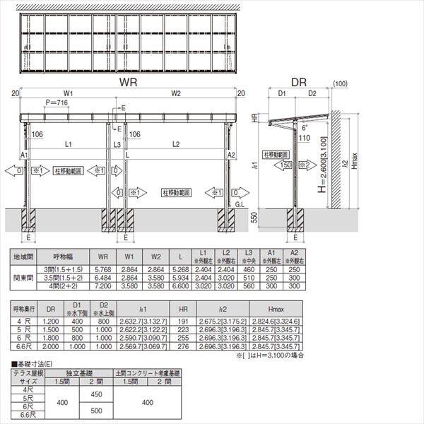 YKK 独立テラス屋根（600N／m2） レセパ 3間×5尺 ロング柱（H3100） T字構造タイプ ポリカ屋根 後付け アルミ色