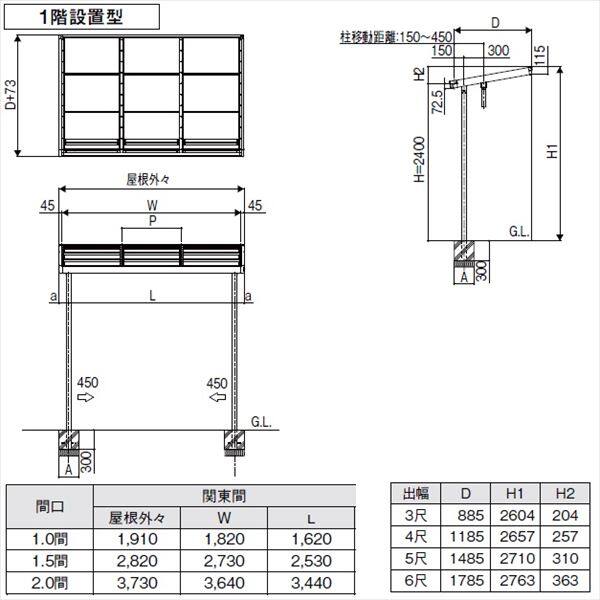 リクシル シュエット 1500タイプ テラスタイプ 関東間 間口W 1.5間×出幅D 3尺 F型・ポリカ屋根 一般タイプ 『テラス屋根』 