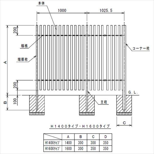 MINO　ハイブリッド彩木ストライプフェンス　HAC34K　本体　間仕切縦格子タイプ　W960×H1400　HAC34K1410S　『木調フェンス　柵』 