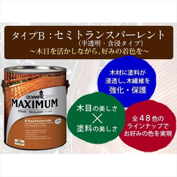 PPG社 オリンピック マキシマムステイン セミトランスパーレント 含浸（半透明）タイプ 『目安耐用年数5年 ウッドデッキ 塗装 濡れ縁 塗料』 ホワイトバーチ