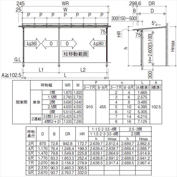 YKK サザンテラス パーゴラタイプ 関東間 600N／ｍ2 4間×3尺 （2連結） ポリカ屋根 後付け 