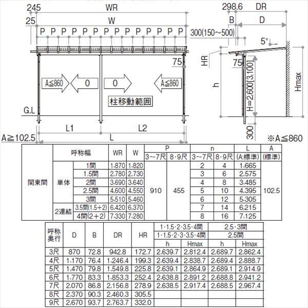 YKK サザンテラス パーゴラタイプ 関東間 600N／ｍ2 4間×8尺 （2連結） ポリカ屋根 後付け 