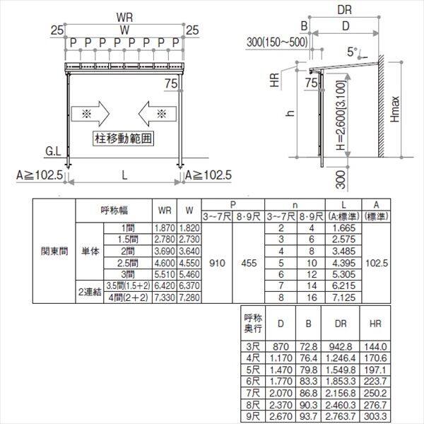 YKK サザンテラス フレームタイプ 関東間 600N／ｍ2 2間×9尺 ポリカ屋根 後付け 