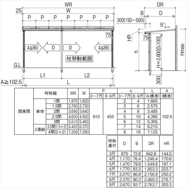 YKK サザンテラス フレームタイプ 関東間 600N／ｍ2 3間×4尺 （2連結） 熱線遮断FRP板 後付け 