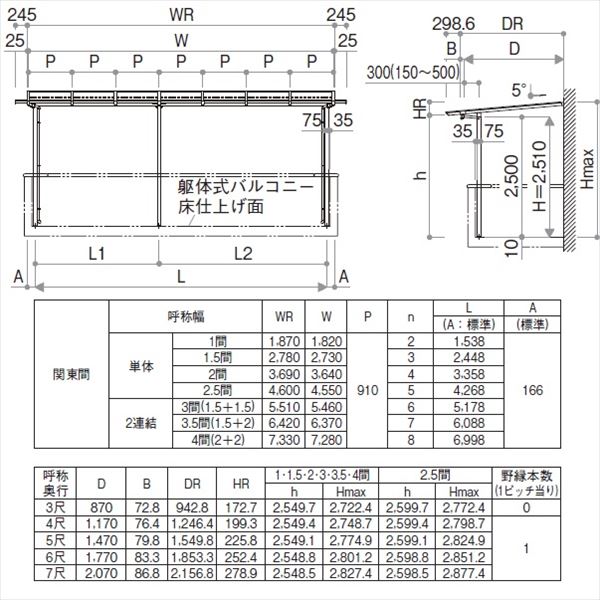 YKK サザンテラス パーゴラタイプ 2階用 関東間 600N／ｍ2 3.5間×7尺 （2連結） 熱線遮断ポリカ屋根 後付け 